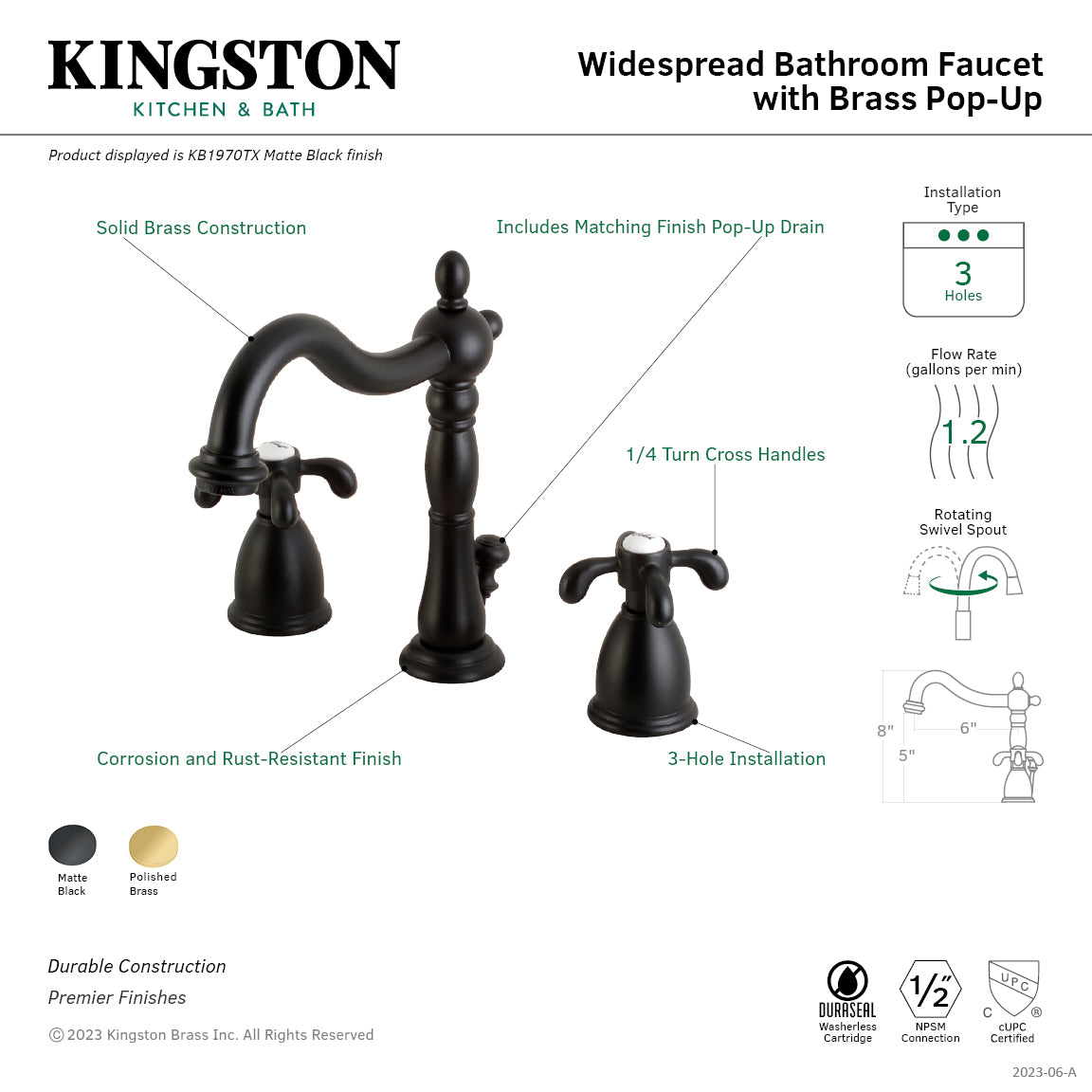 Kingston Heirloom KB1972TX - French Country Two-Handle 3-Hole Deck Mount Widespread Bathroom Faucet with Brass Pop-Up, Polished Brass — thumbnail 2